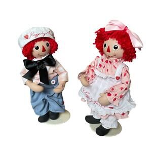 Danbury Raggedy Ann and Andy Sweet Valentine Porcelain Dolls with Stands